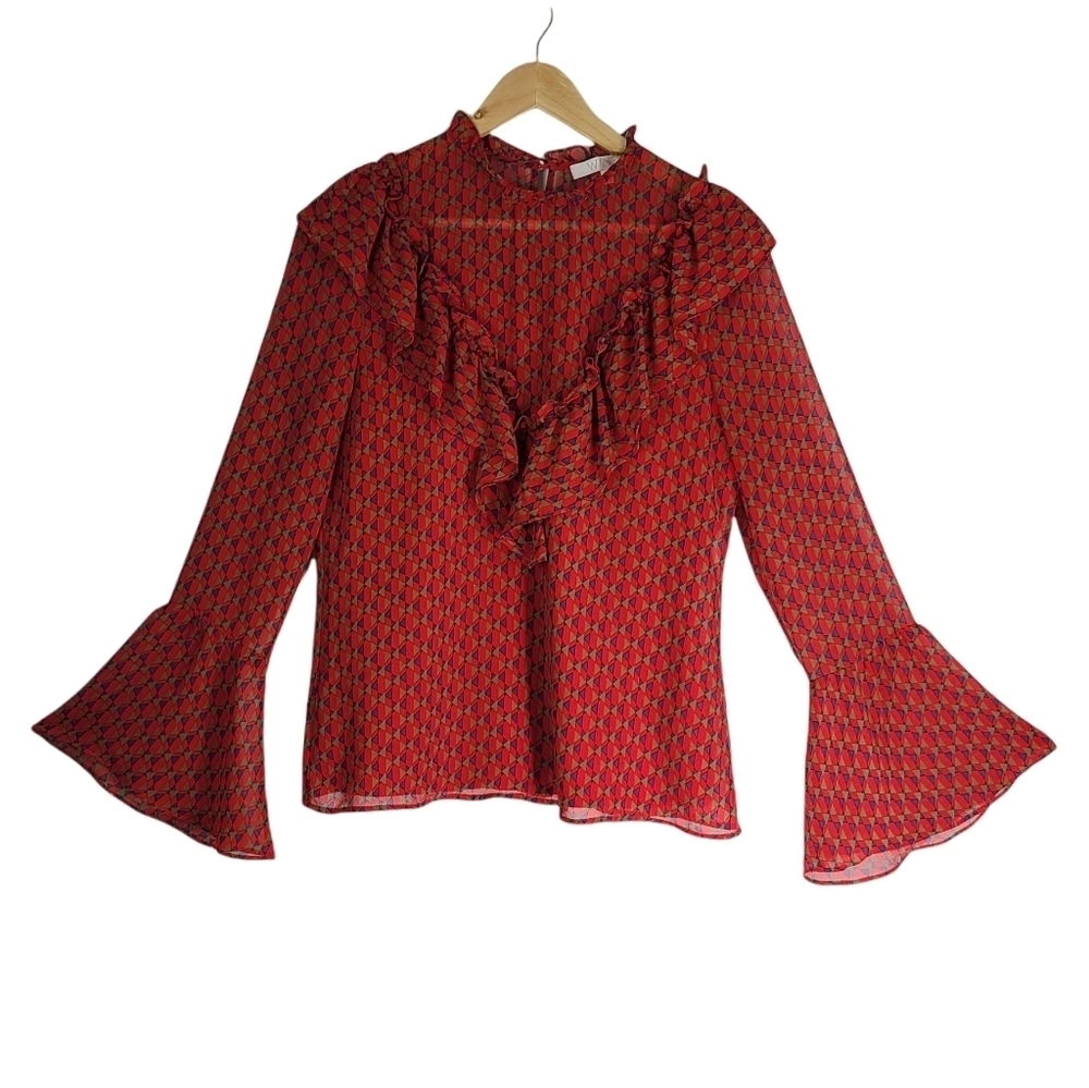 WAYF Ruffle Bell Sleeve High Neck Blouse Top Small